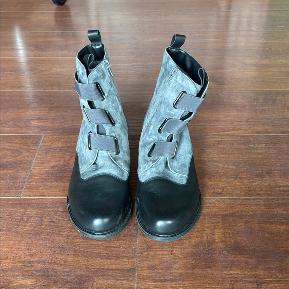 Gray and Black Hook-and-Loop Ankle Boots